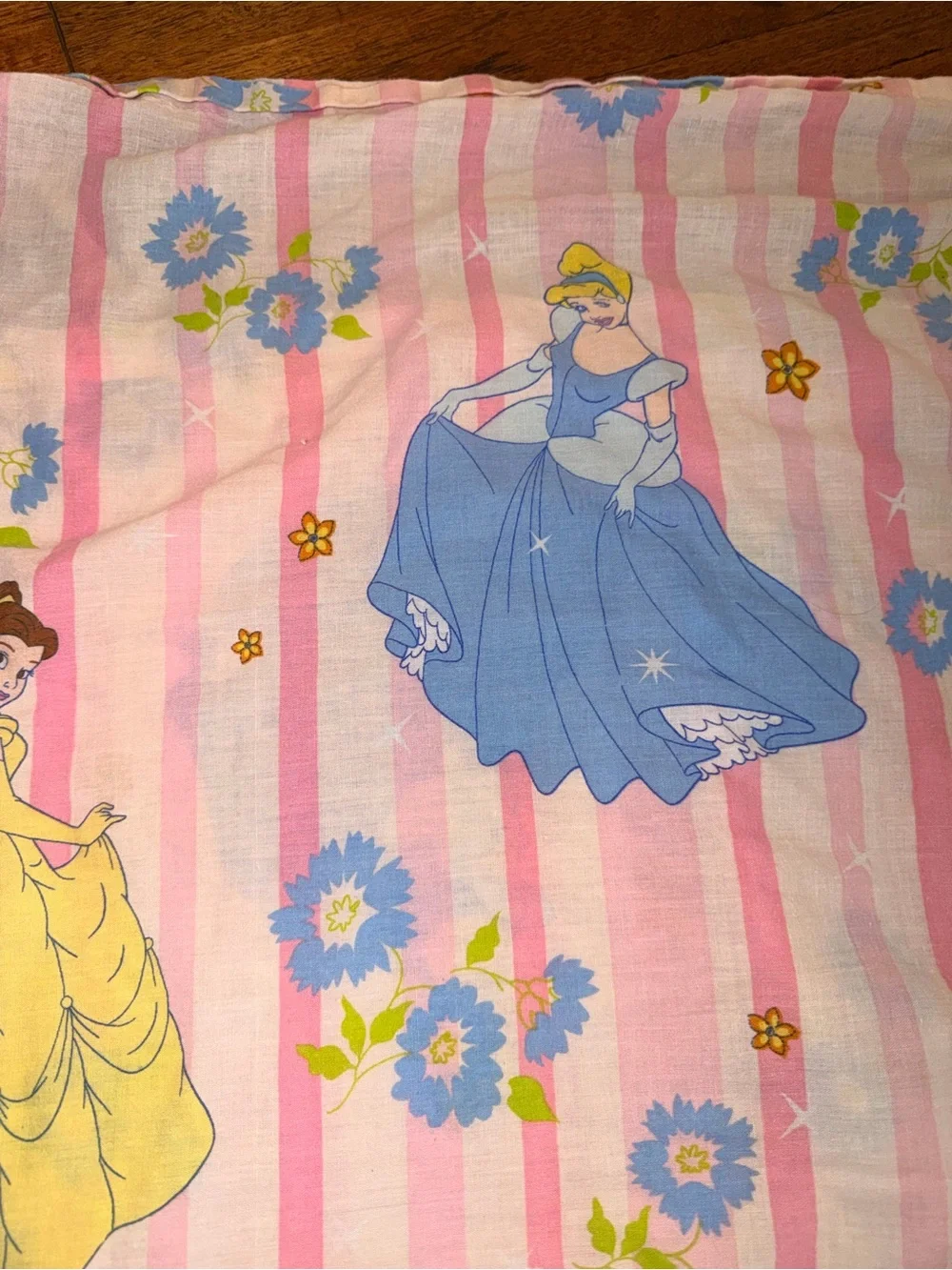 Vintage Y2K Disney Princess Twin Bed Sheet Set 3pc Pink Stripe Fabric DIY Sewing